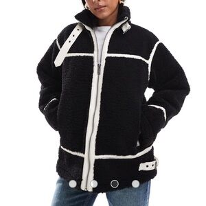 Miss Selfridge Black and Cream Teddy Jacket